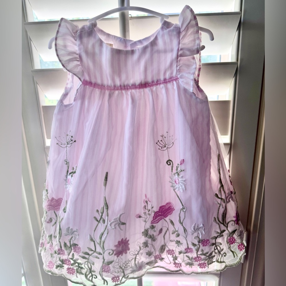 Laura Ashley Baby Girl 12M Pink Striped Floral Embroidered Flutter Sleeve Dress